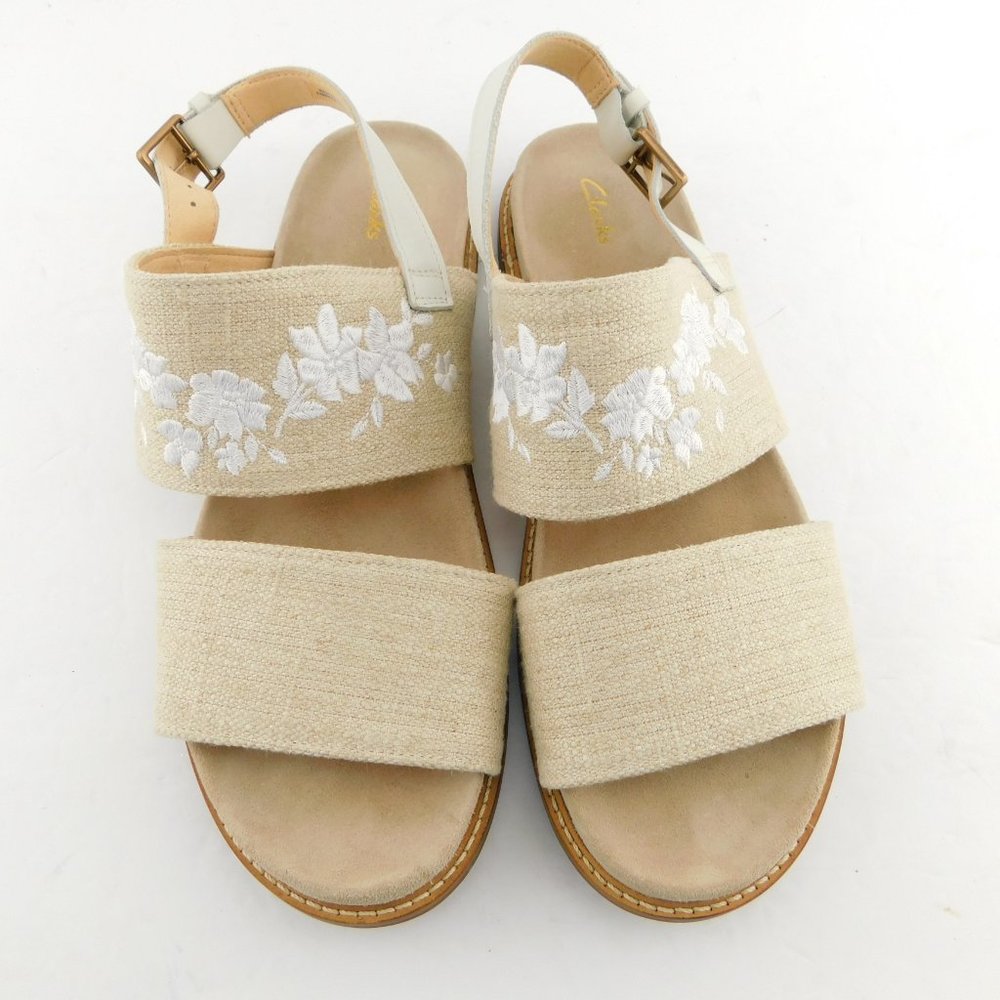CLARKS Floral Embroidery Beige Linen Slingback Sandals 10